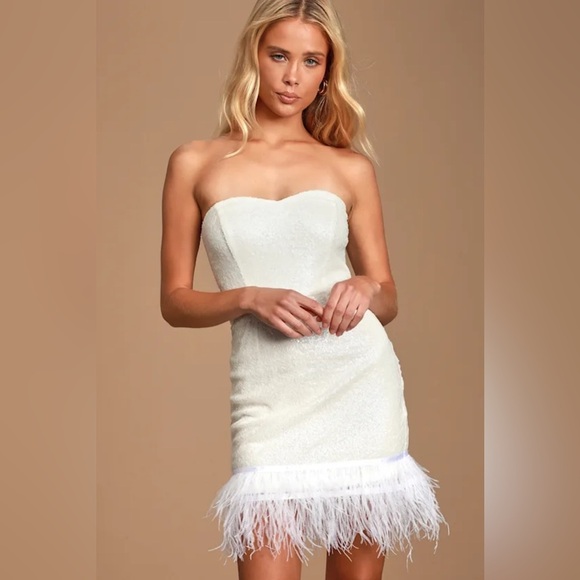 Lulu’s Call Me Maybe Pink Sequin Sparkling Strapless Bodycon Feather Trim Mini M - Picture 9 of 10